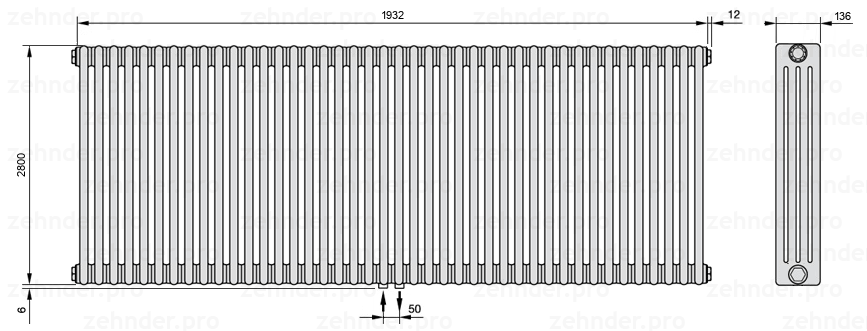 Схема (чертеж) Радиатор Zehnder Charleston 4280/42 №3470 Белый глянцевый RAL 9016